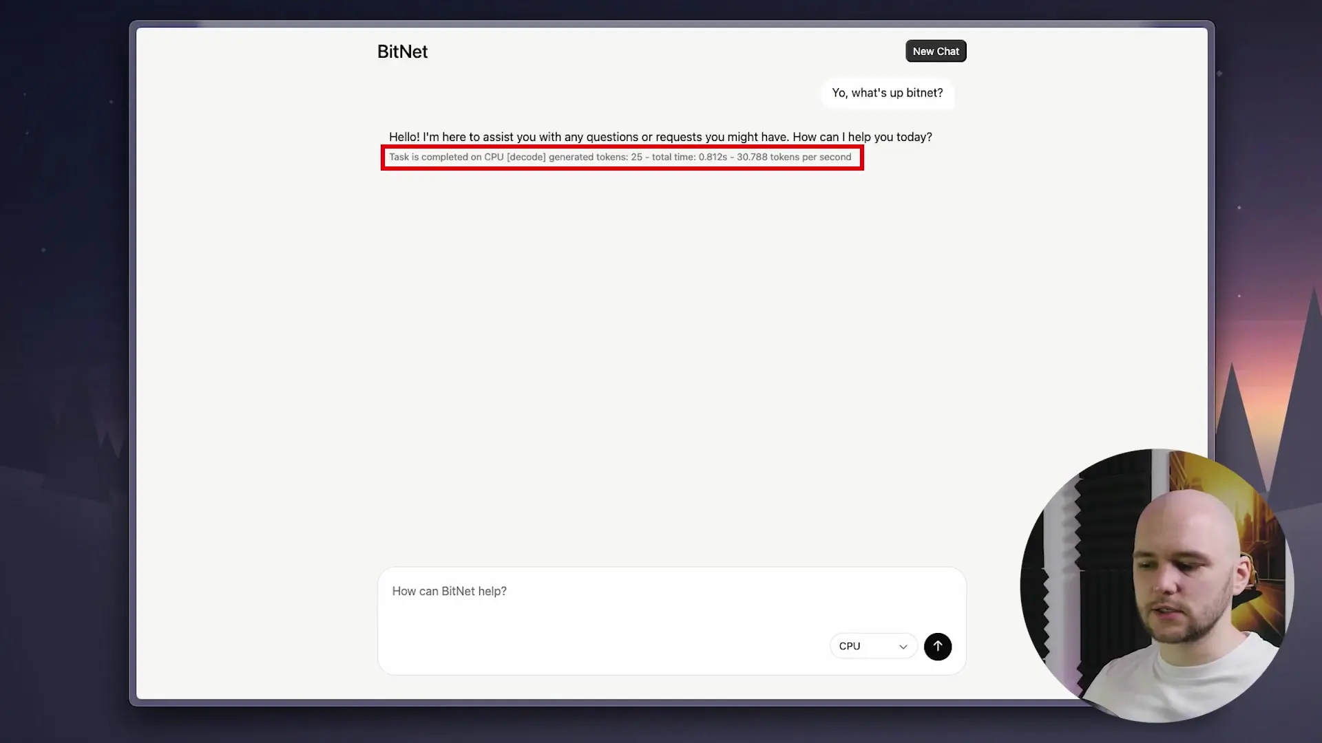 BitNet's demo interface showing token generation and response times