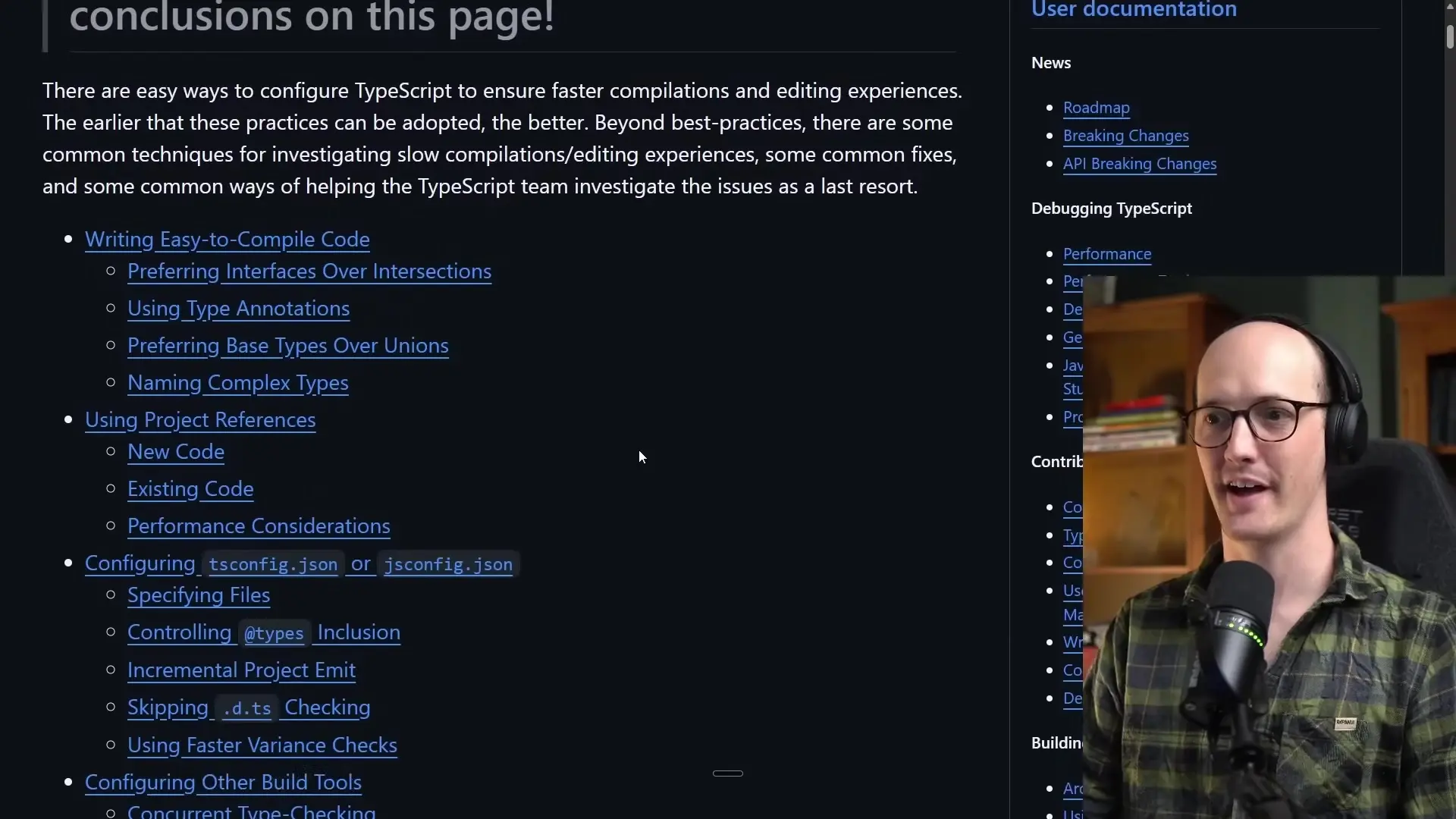 TypeScript documentation showing optimization guidelines, highlighting that interfaces are more efficient than type intersections for complex type combinations