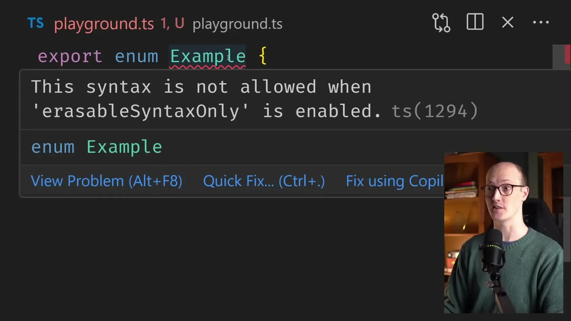 TypeScript error showing the 'erasableSyntaxOnly' flag preventing enum declarations, helping developers avoid problematic TypeScript features