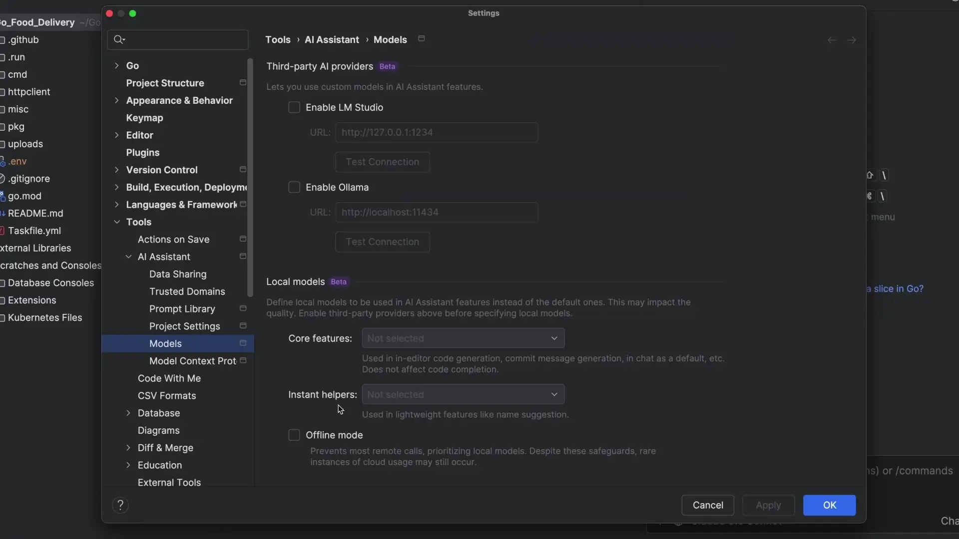 JetBrains GoLand AI Assistant settings panel showing extensive configuration options for local models and cloud providers to enhance your Go development workflow