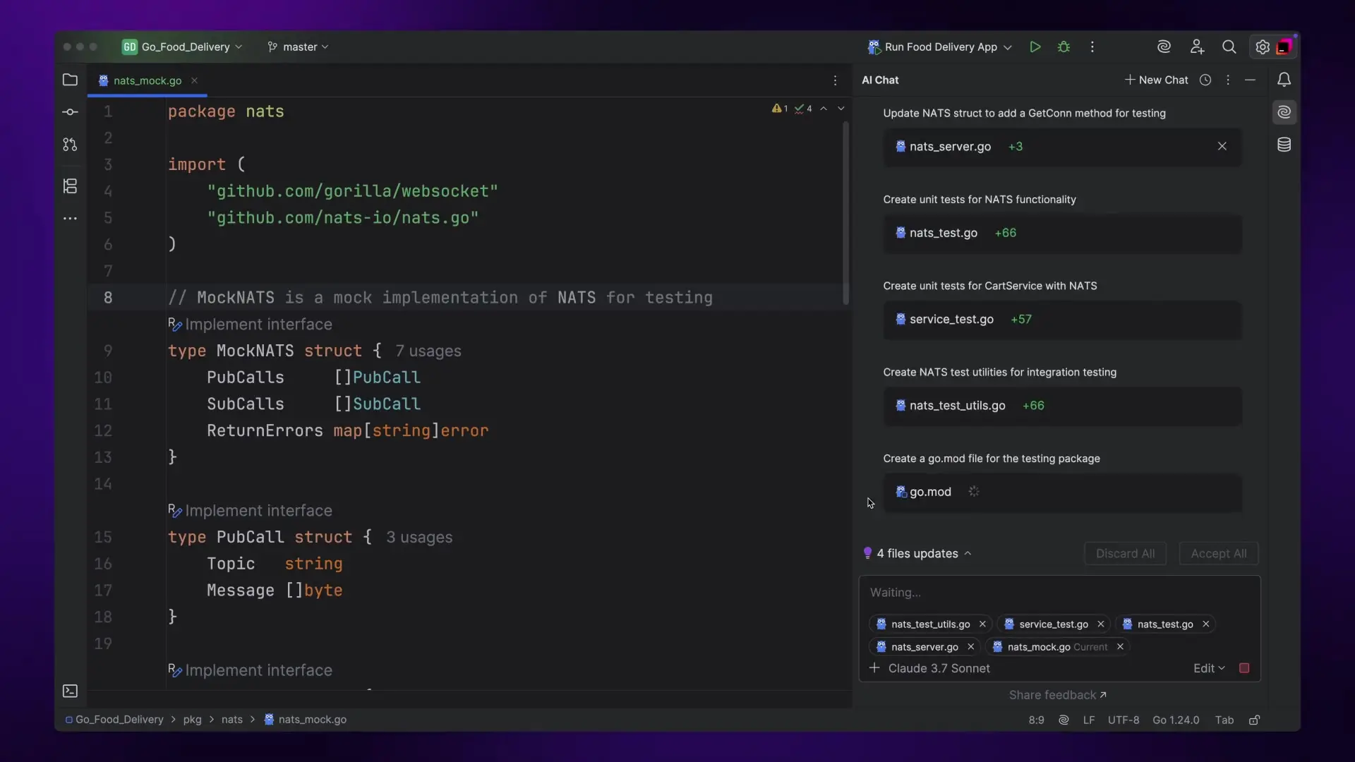 JetBrains GoLand IDE showing Go code with NATS implementation alongside the AI Assistant suggesting optimized testing approaches and code improvements