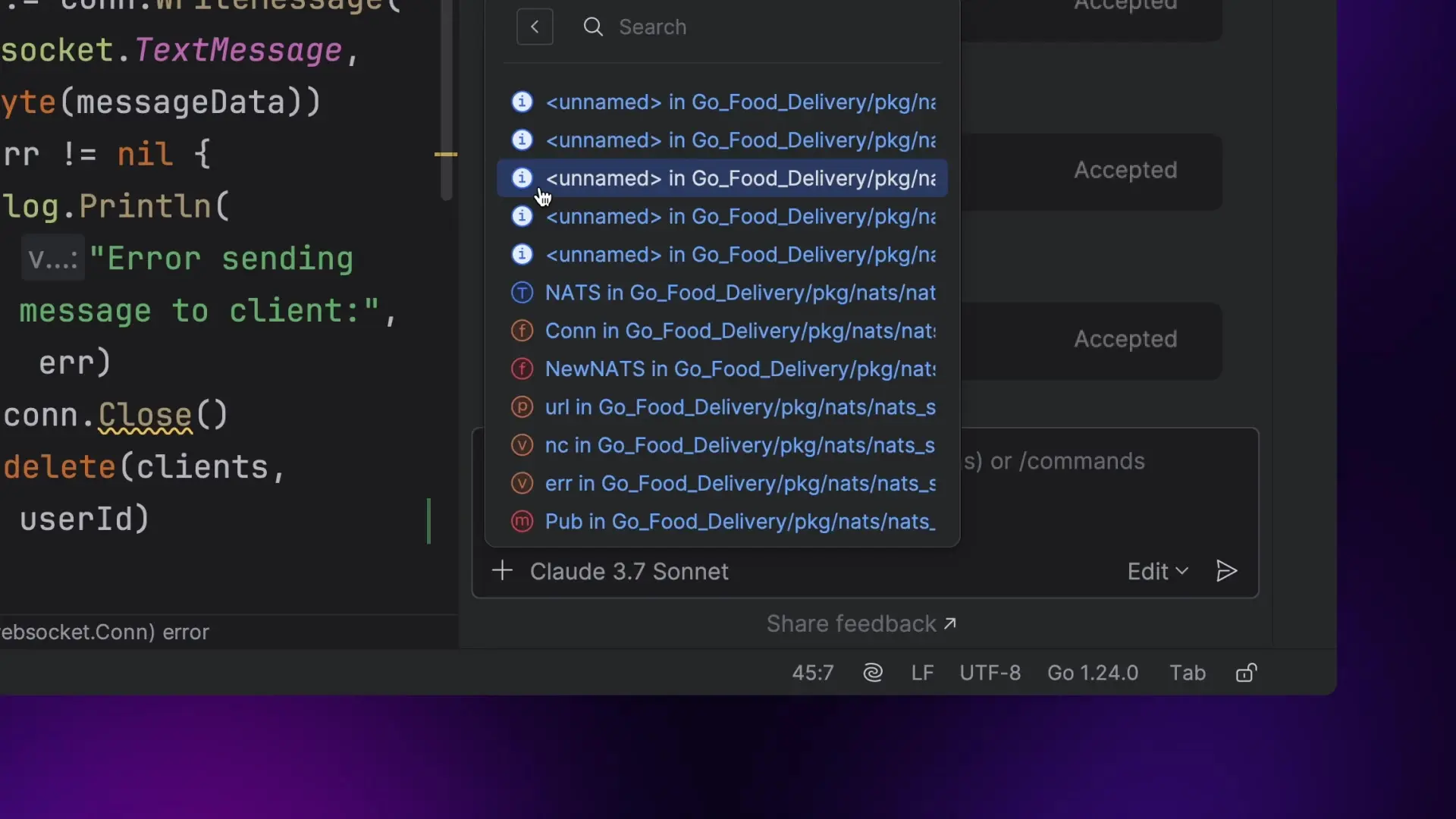 JetBrains AI Assistant in GoLand providing intelligent code suggestions for a Go food delivery application with websocket implementation and file navigation