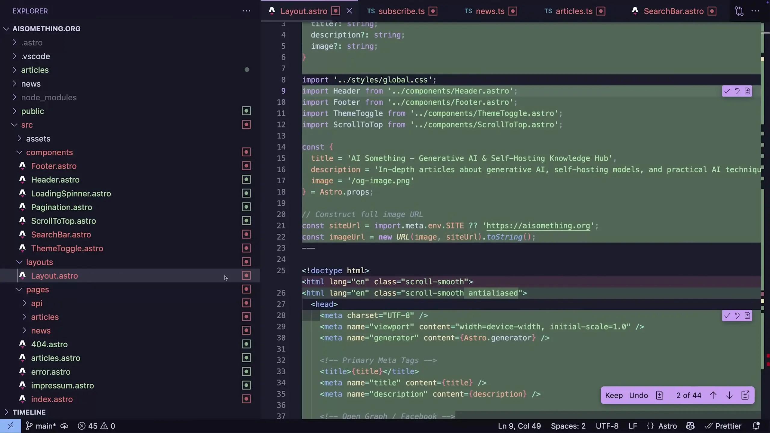 VS Code interface showing the new GitHub Copilot Agent Mode working with Astro.js components and metadata configuration