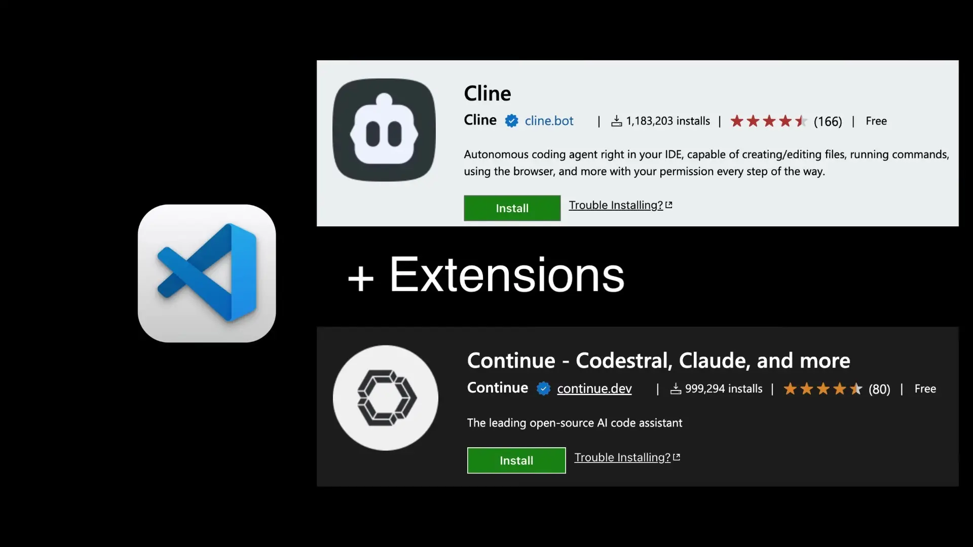 Installing the required extensions Cline and Continue.dev in VSCode for AI-powered coding