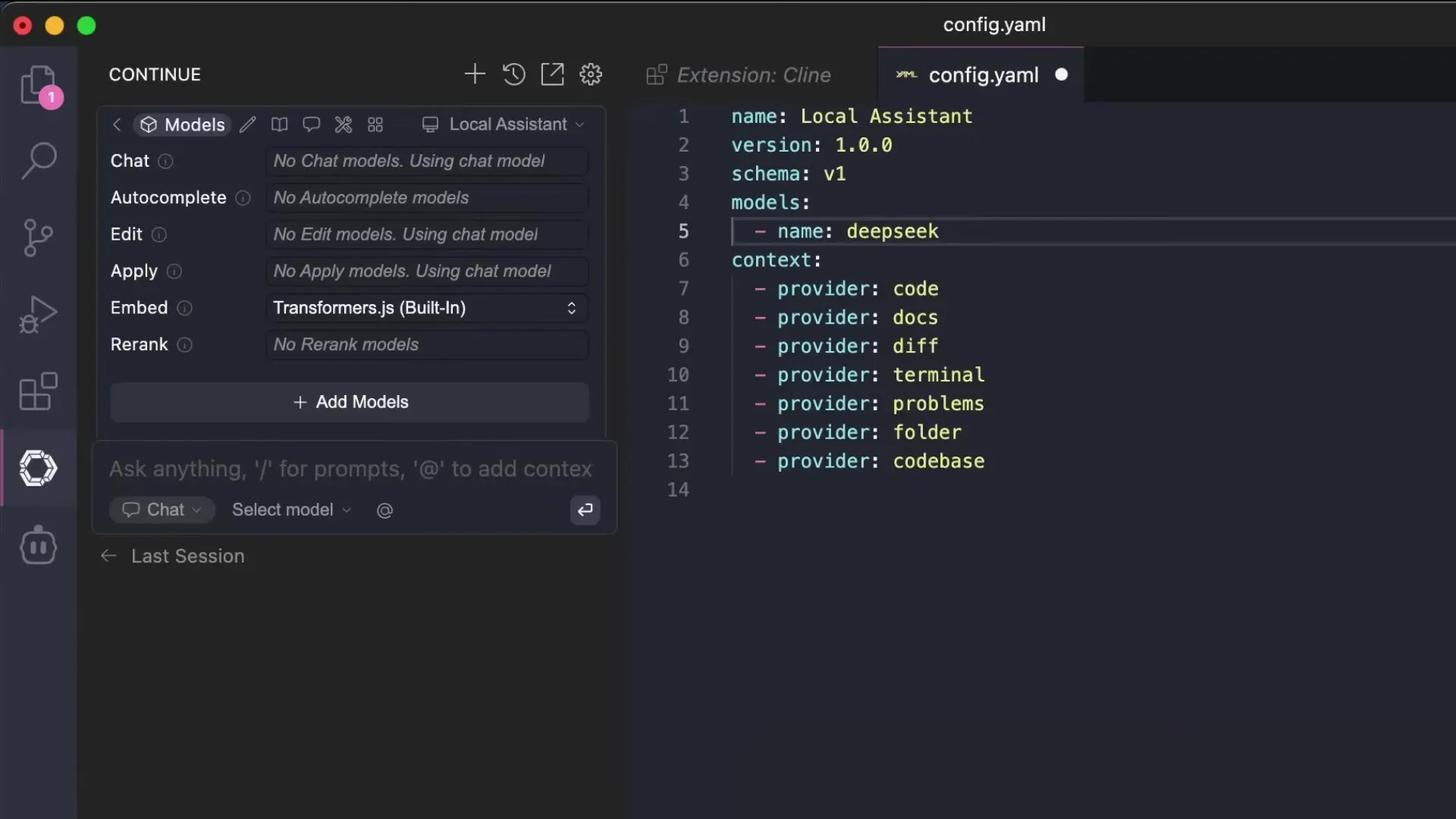 Configuring AI models in the Continue.dev extension settings for local development