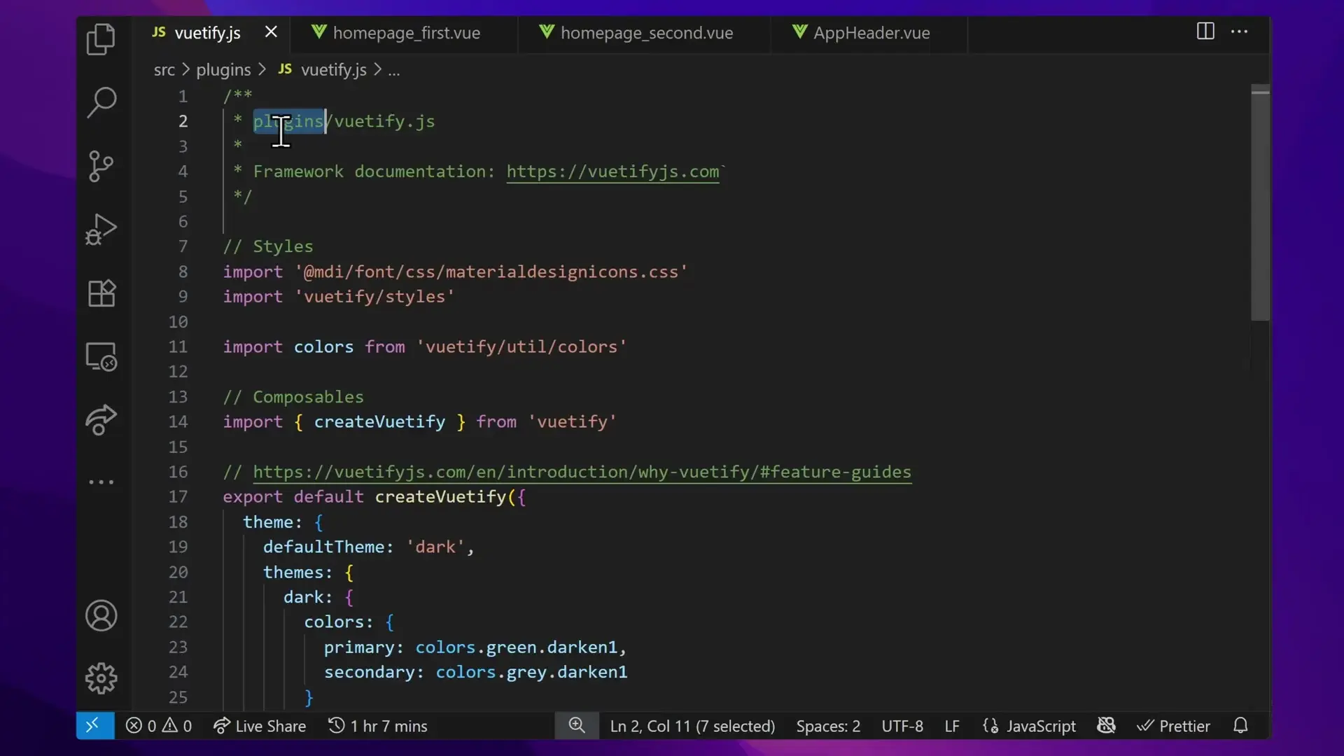 Vuetify configuration example showing theme customization options