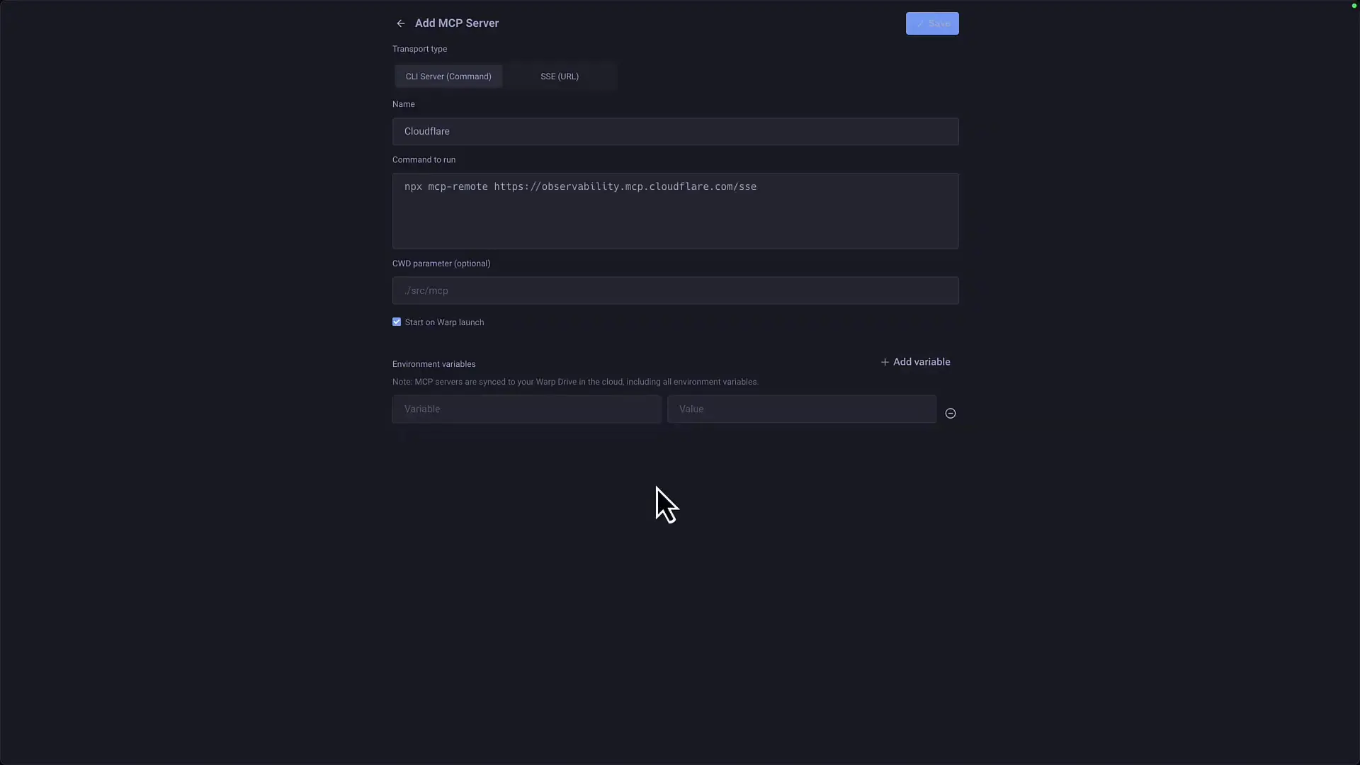 Warp Terminal's MCP server configuration interface showing how to set up CloudFlare integration with environment variables and startup options