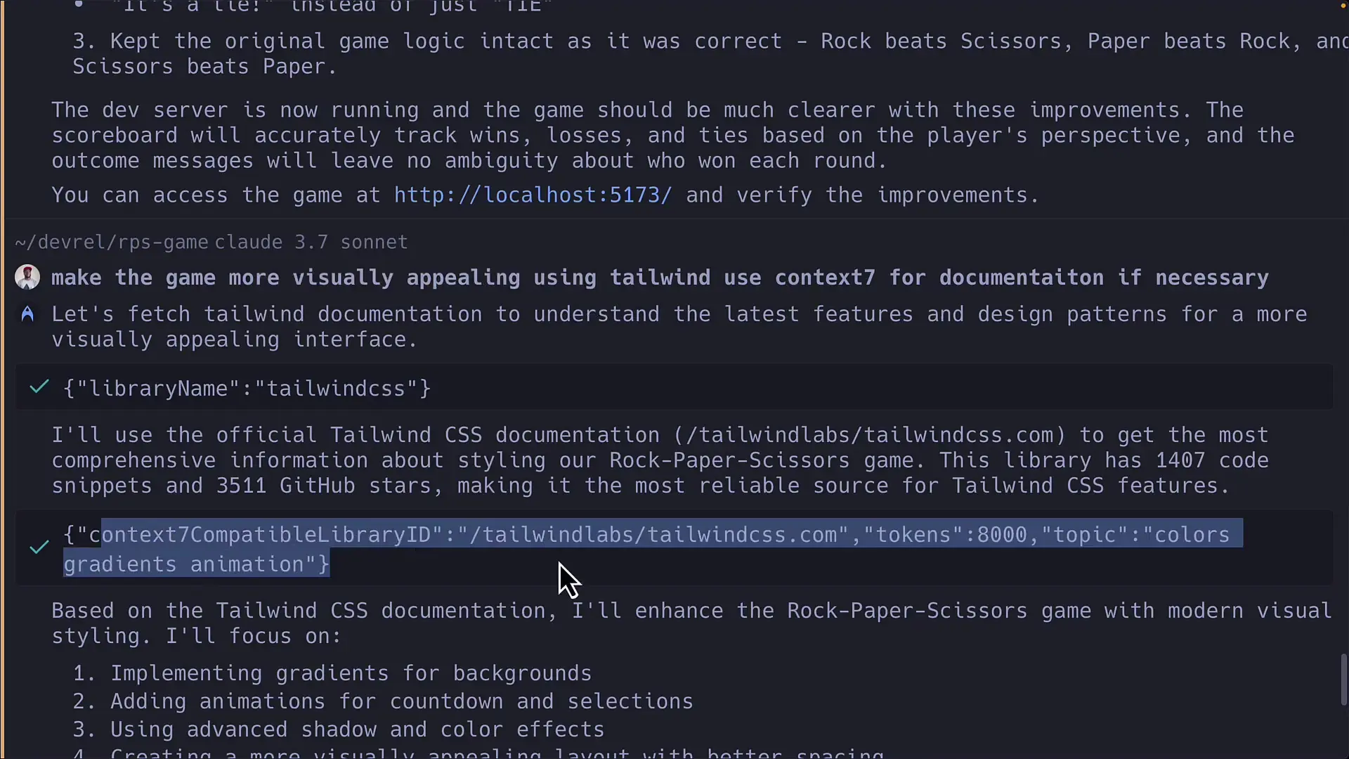 Warp Terminal displaying the development process of a Rock-Paper-Scissors game with modern UI components and responsive design