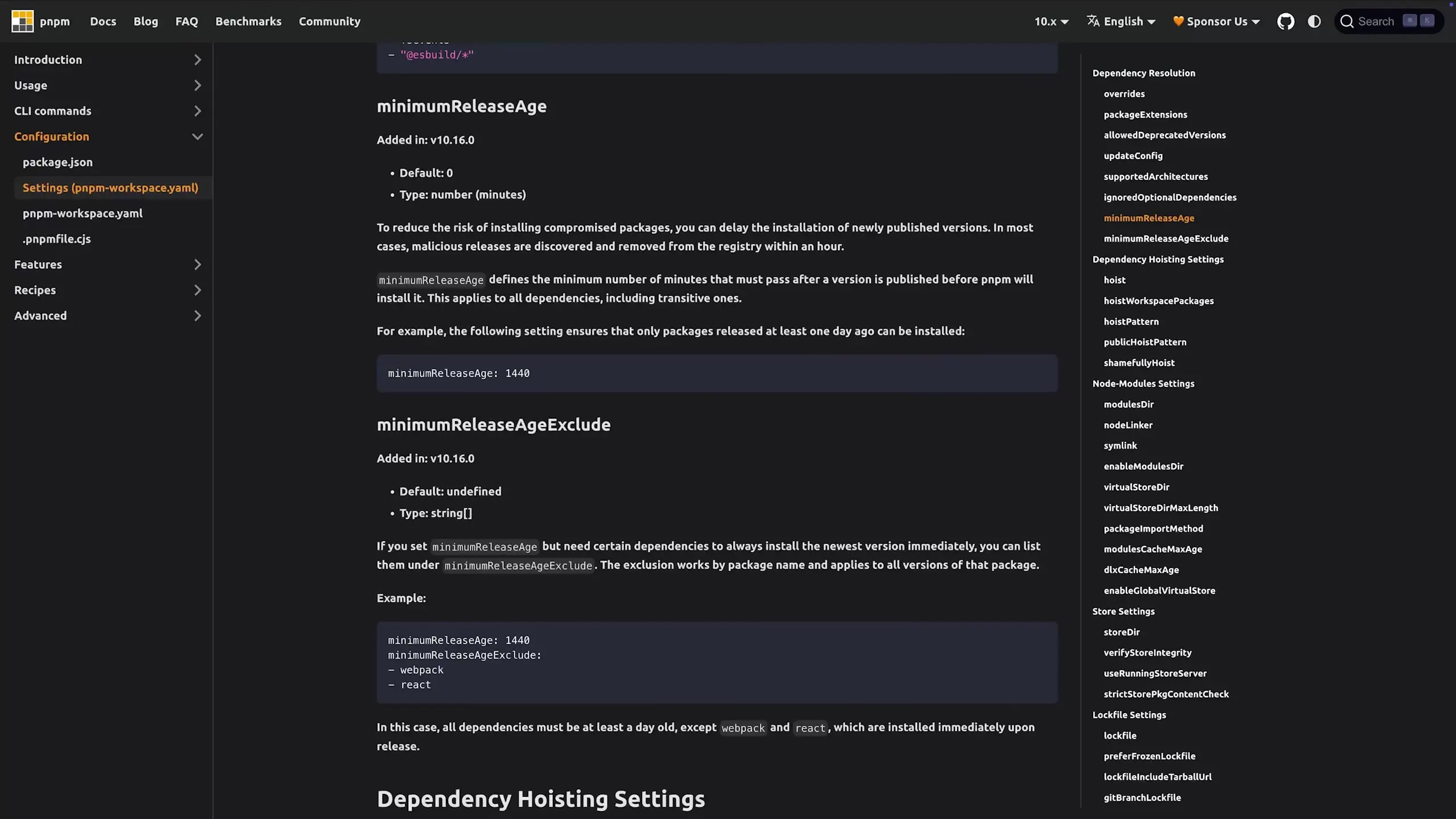 Configuration example showing minimum release age setting for npm packages