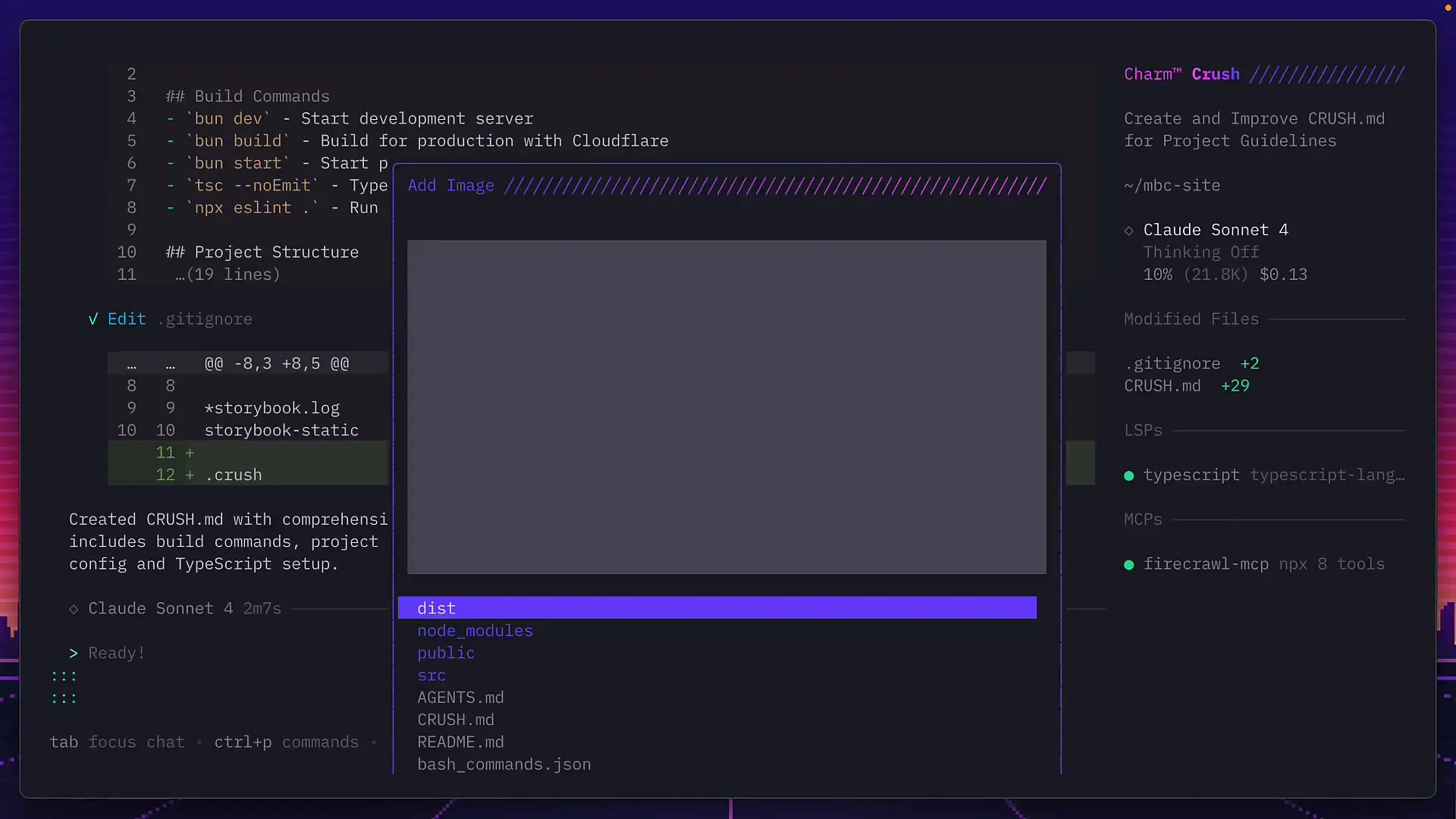 Crush's interface showing the image preview functionality, demonstrating its intuitive design for handling visual assets in coding projects