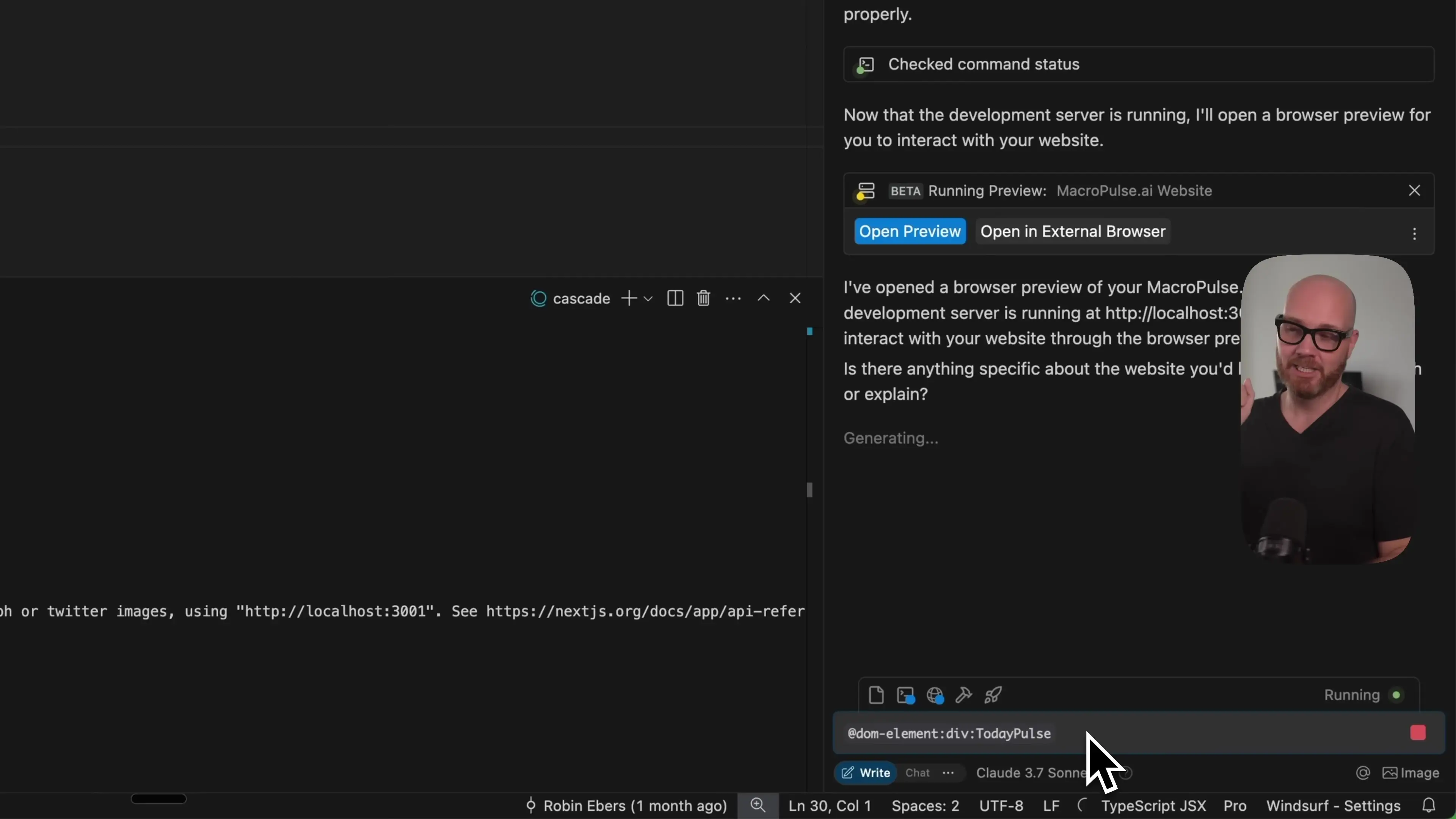 Windsurf's IDE interface showing browser integration functionality in action