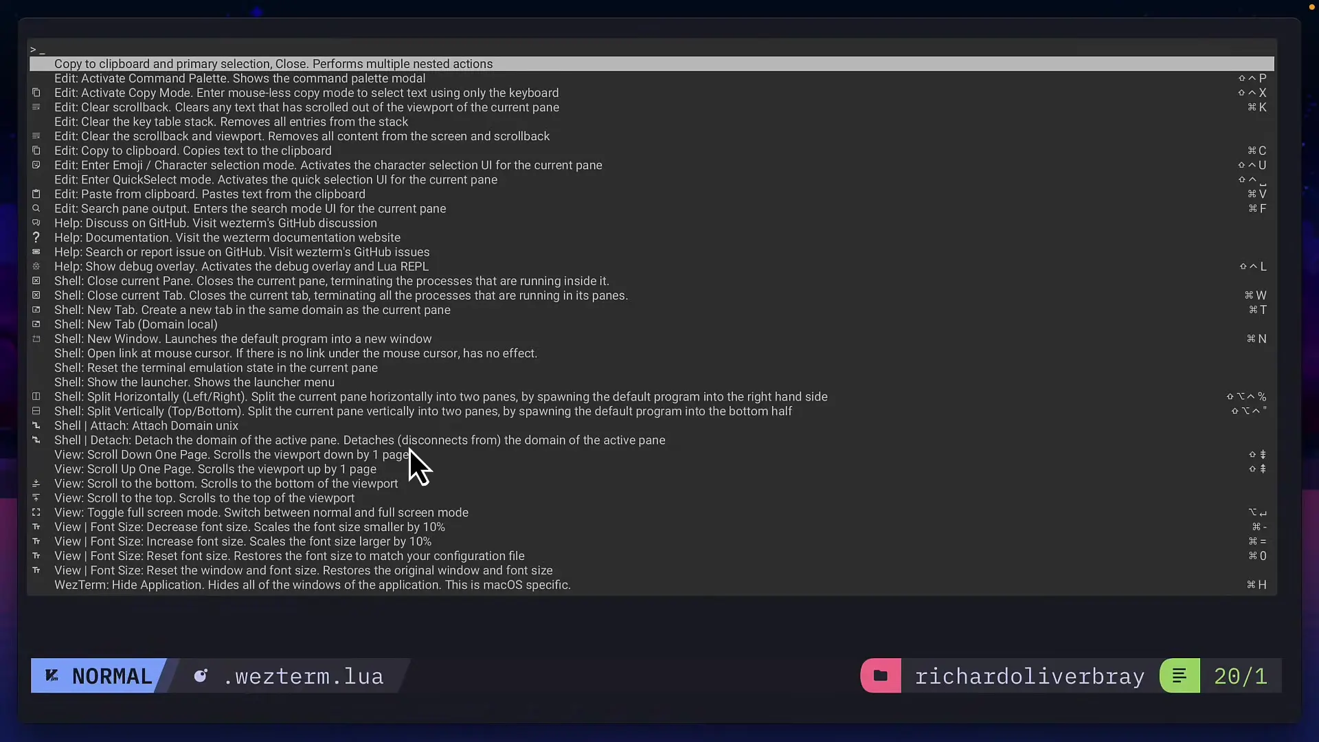 WezTerm's control plane showing available actions that can be mapped to custom keybindings