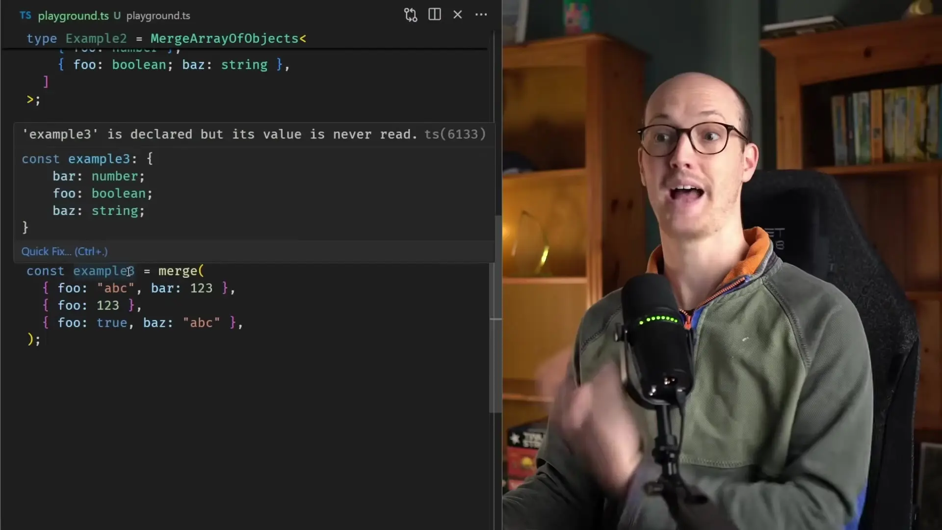 TypeScript implementation of a custom merge function that provides type-safe object merging, capturing the proper types after property overrides