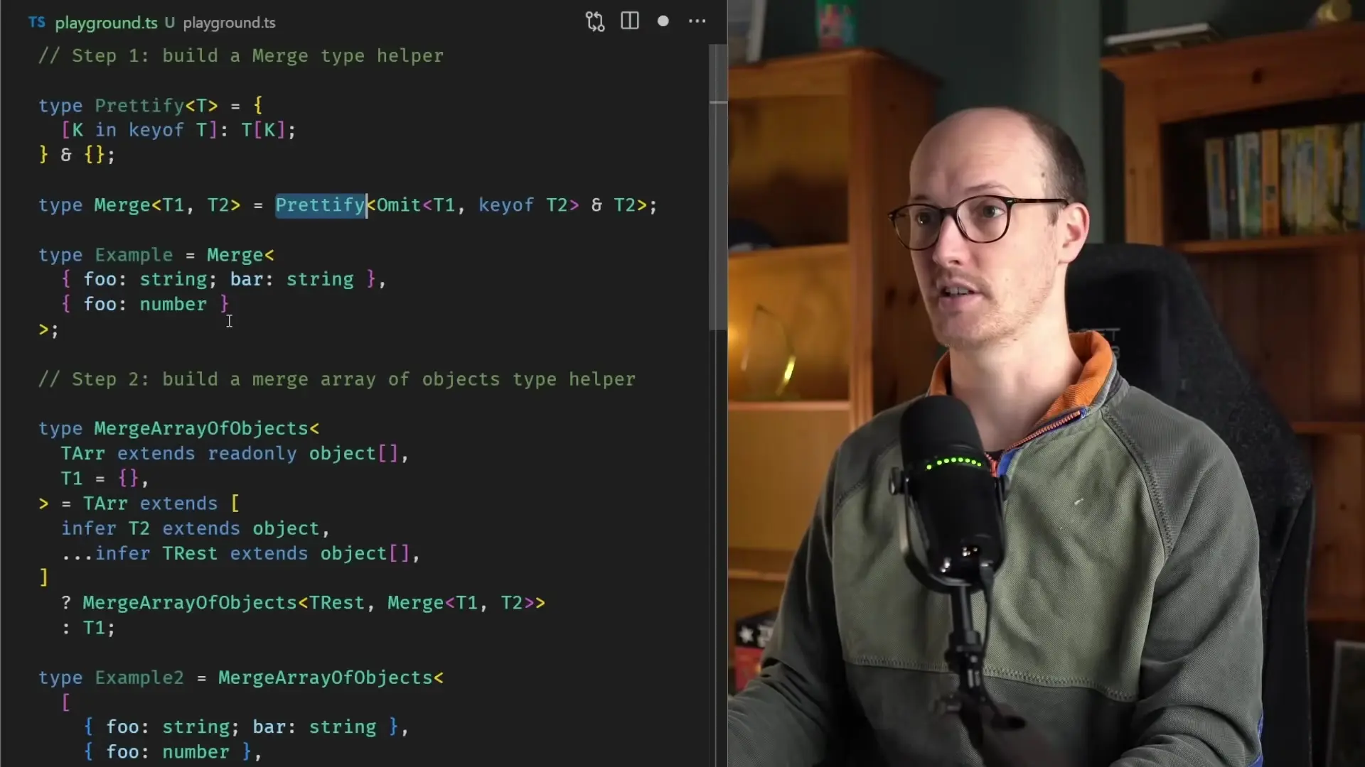 Advanced TypeScript utility types for creating a fully type-safe Object.assign alternative, showing the Merge, Prettify, and MergeArrayOfObjects type definitions