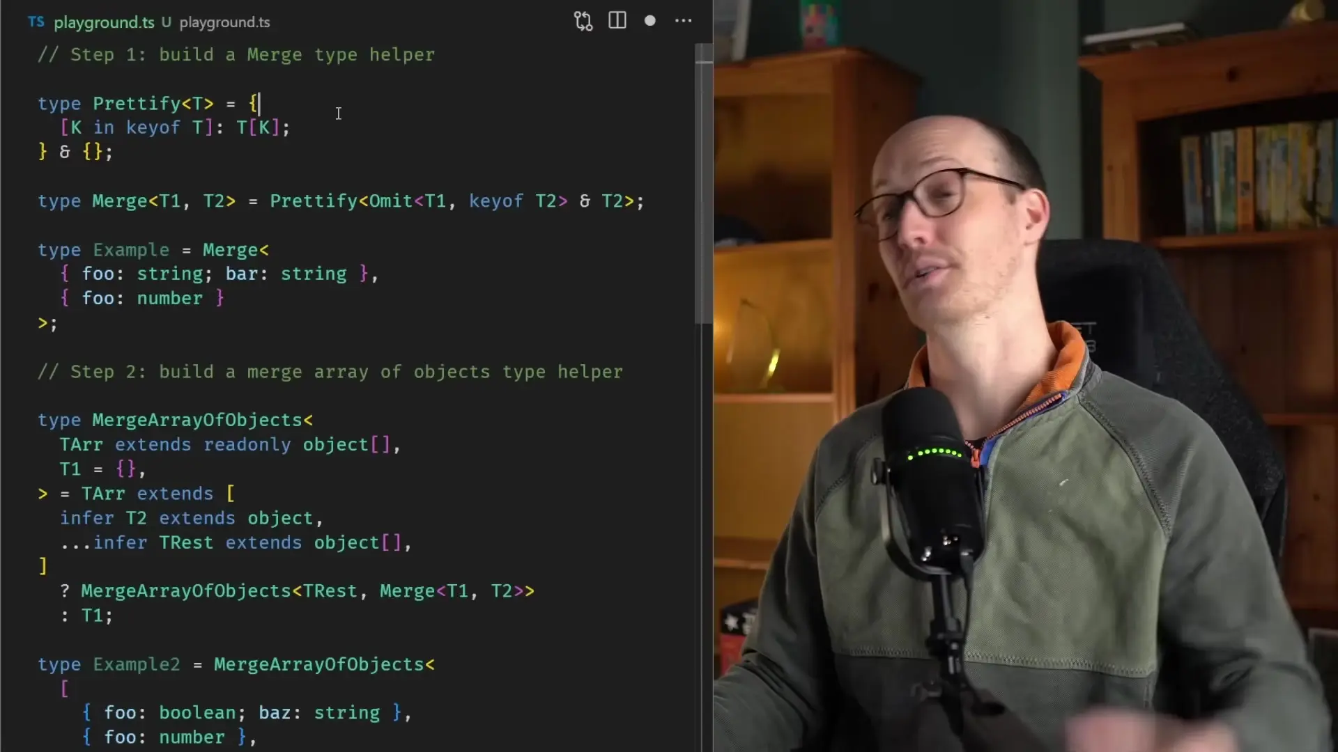 Complete TypeScript implementation showing how the type-safe Object.assign alternative works with proper type inference for merged properties