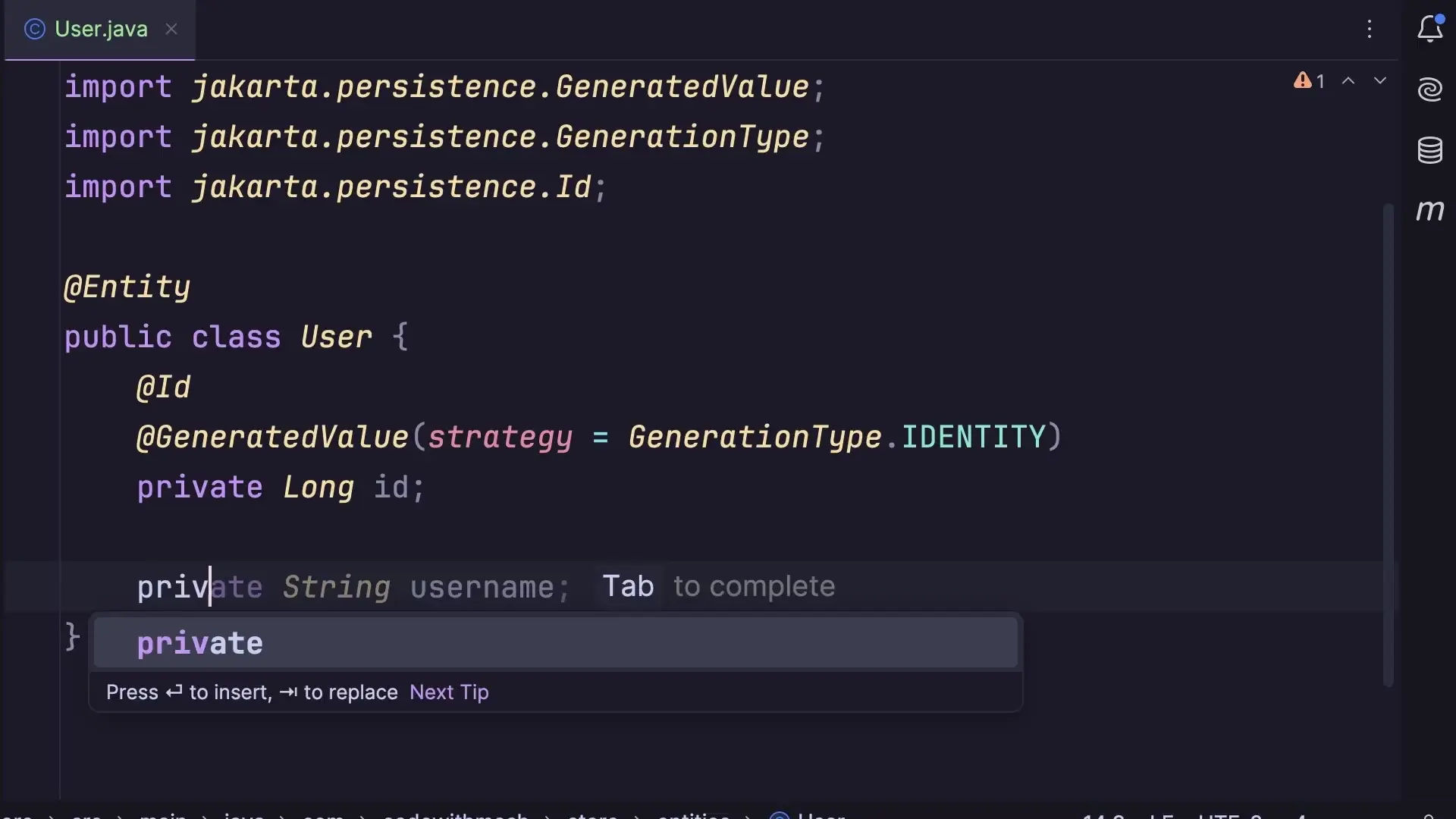 Example of a User entity class with JPA annotations demonstrating Spring Boot's elegant approach to database mapping and identity generation
