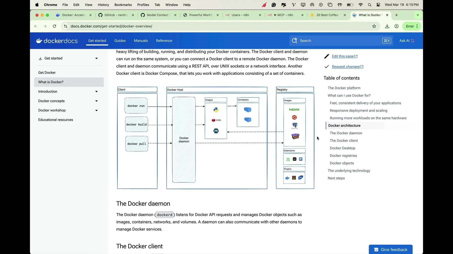 Docker architecture showing containers, images, and registry components - essential for understanding how n8n runs in isolated environments