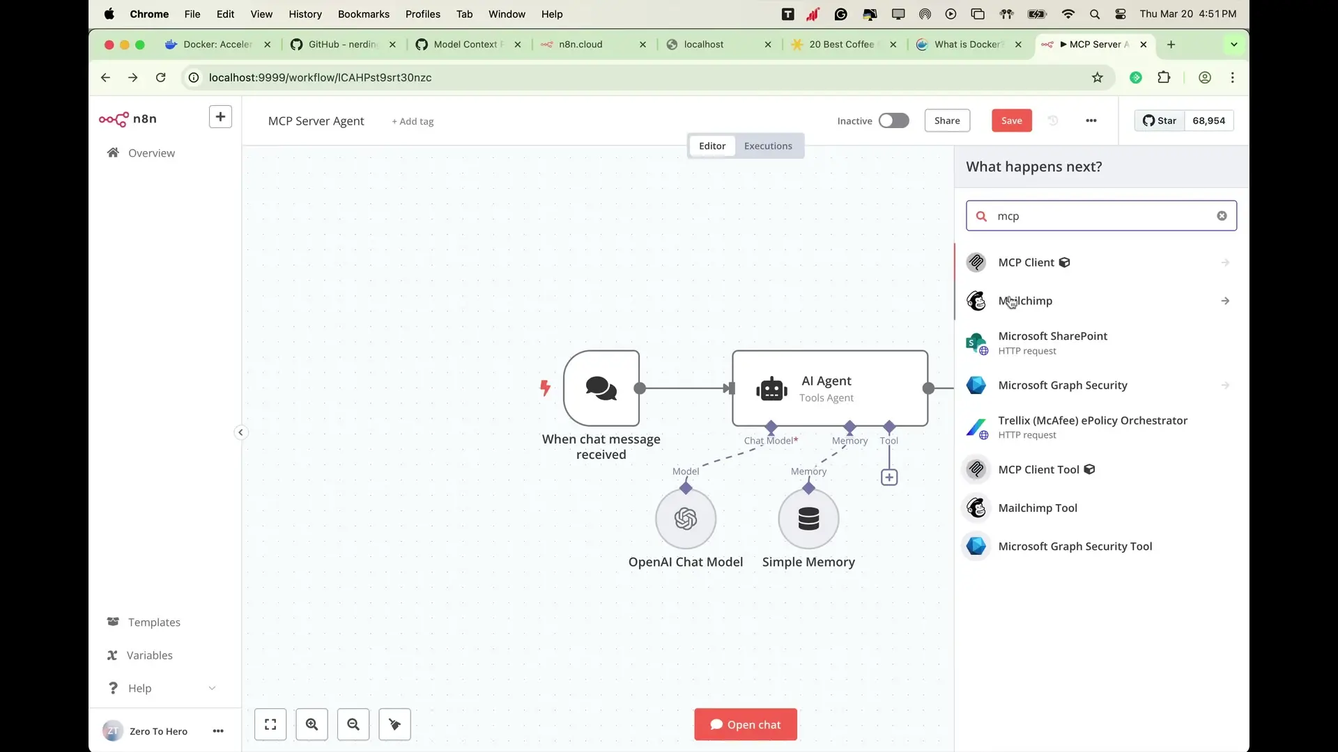 The n8n workflow interface showing an MCP Server Agent with AI Agent nodes that process chat messages using OpenAI integration