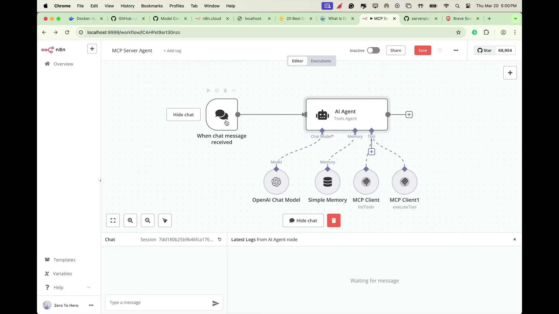 n8n workflow showing the complete MCP Server Agent setup with AI nodes and Brave Search integration for automated web searches