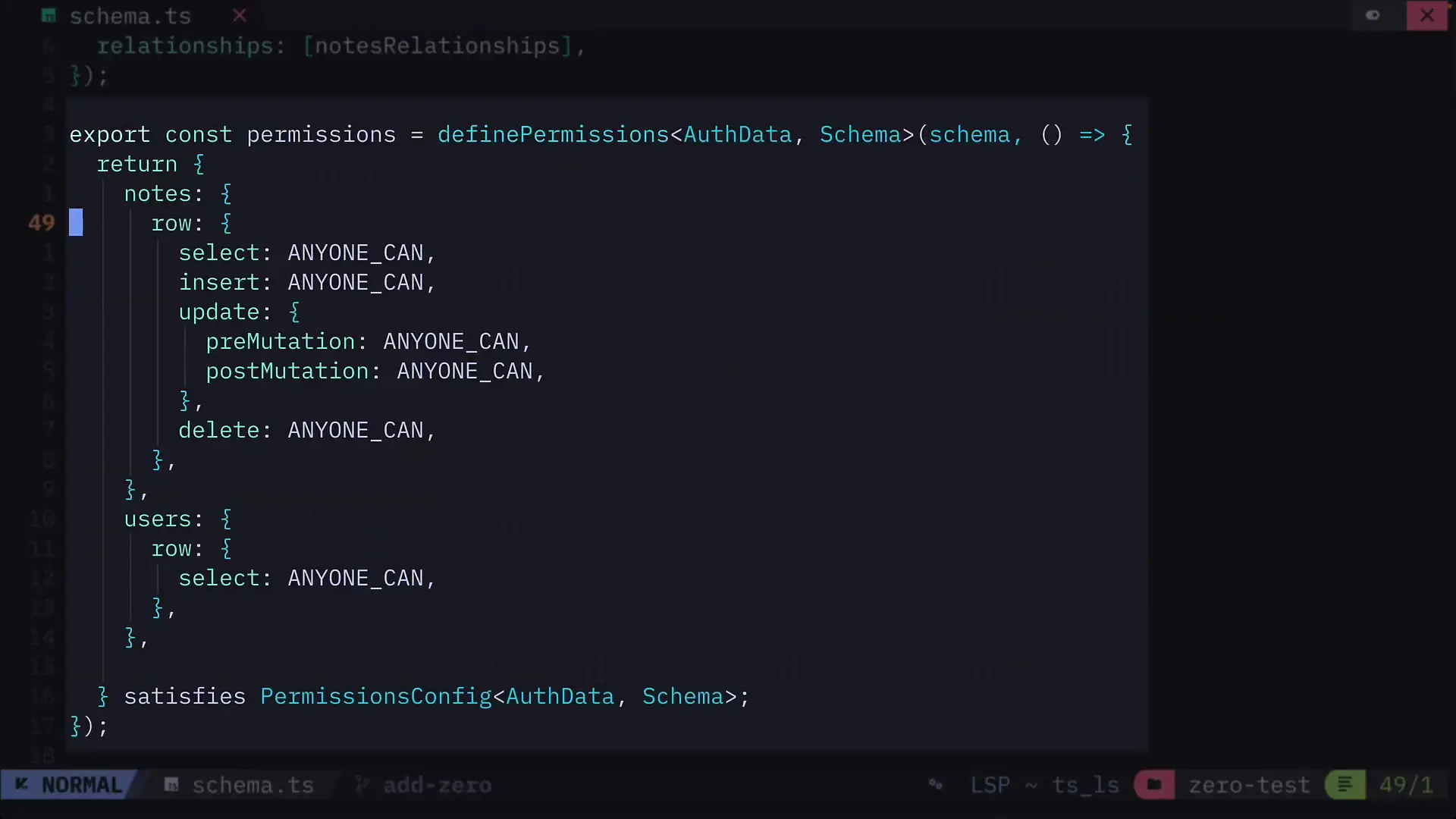 Example of permission configuration in a Zero schema file showing access control settings